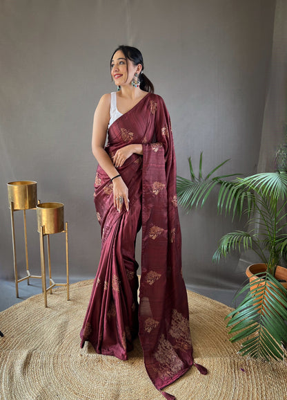 Maroon concept of silk with zari based embroidery and piping