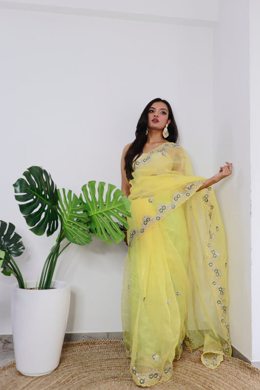 Yellow Elegant Soft Organza Saree