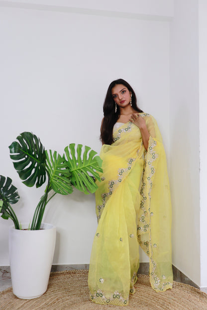 Yellow    Organza fabric  saree