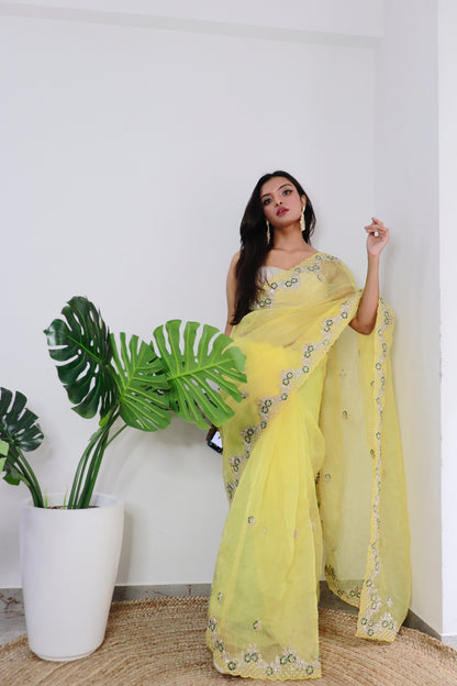 Yellow    Organza fabric  saree