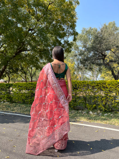 Maroon Sequence &amp; Embroidery Work Saree