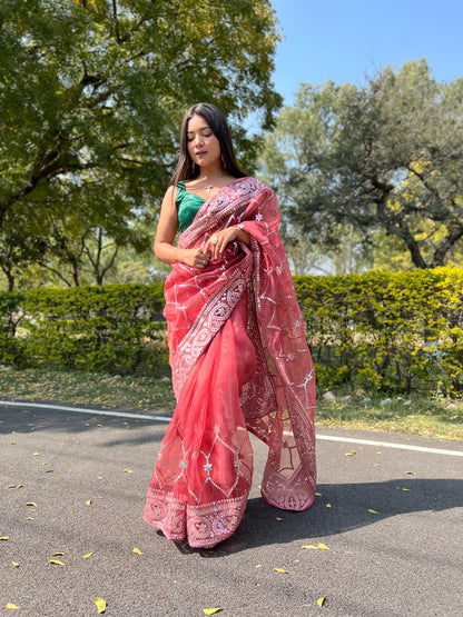 Maroon Sequence &amp; Embroidery Work Saree