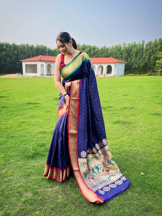 Navy New concept of ganga jamuna border in combination with paithani weaving sarees