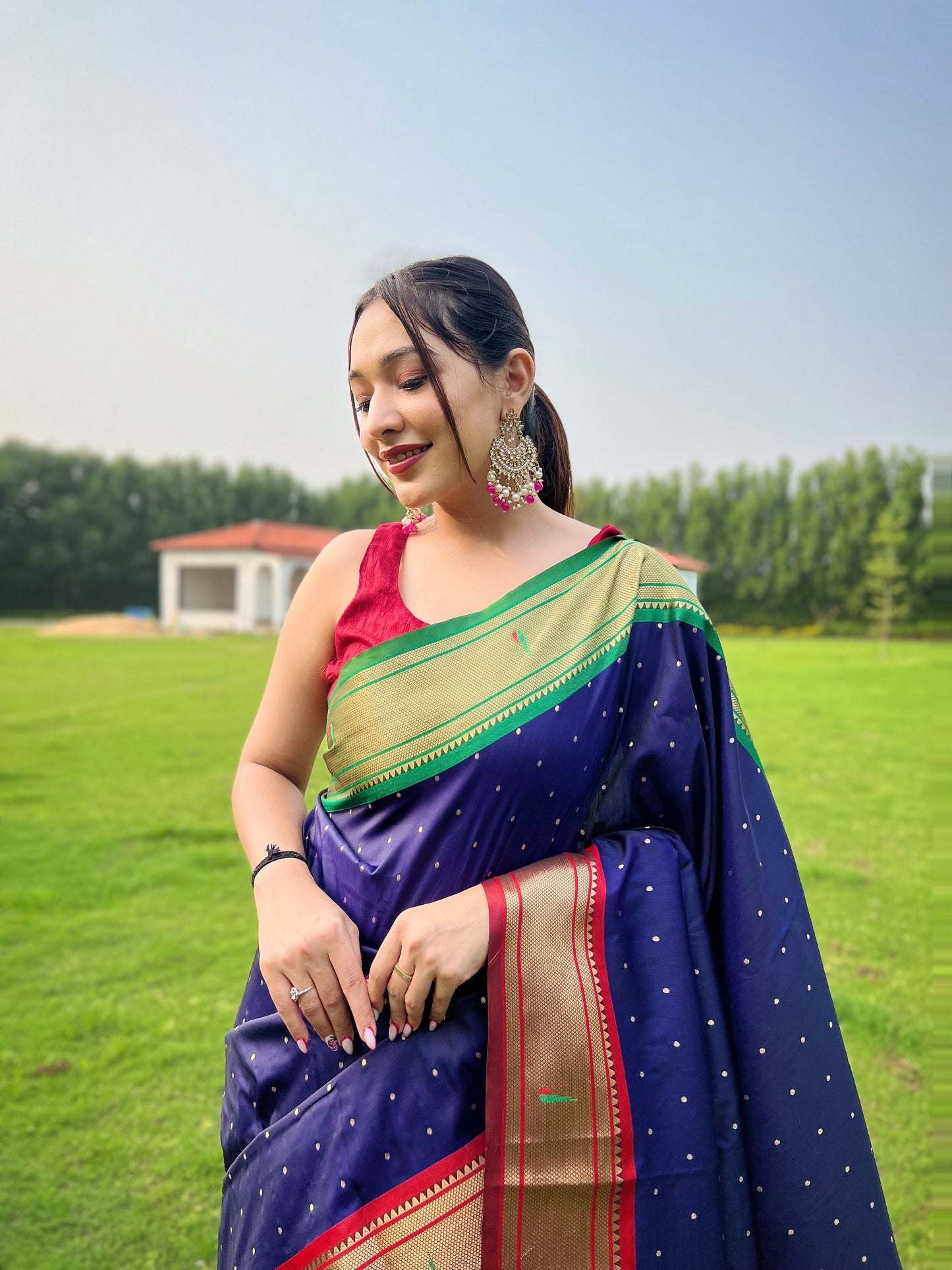 Navy New concept of ganga jamuna border in combination with paithani weaving sarees