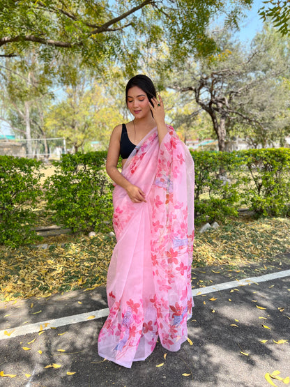 PINK ORGANZA SAREE WITH CUTWORK, SEQUINS & DIGITAL PRINT – PAIRED WITH BLACK SATIN BANGLORI BLOUSE