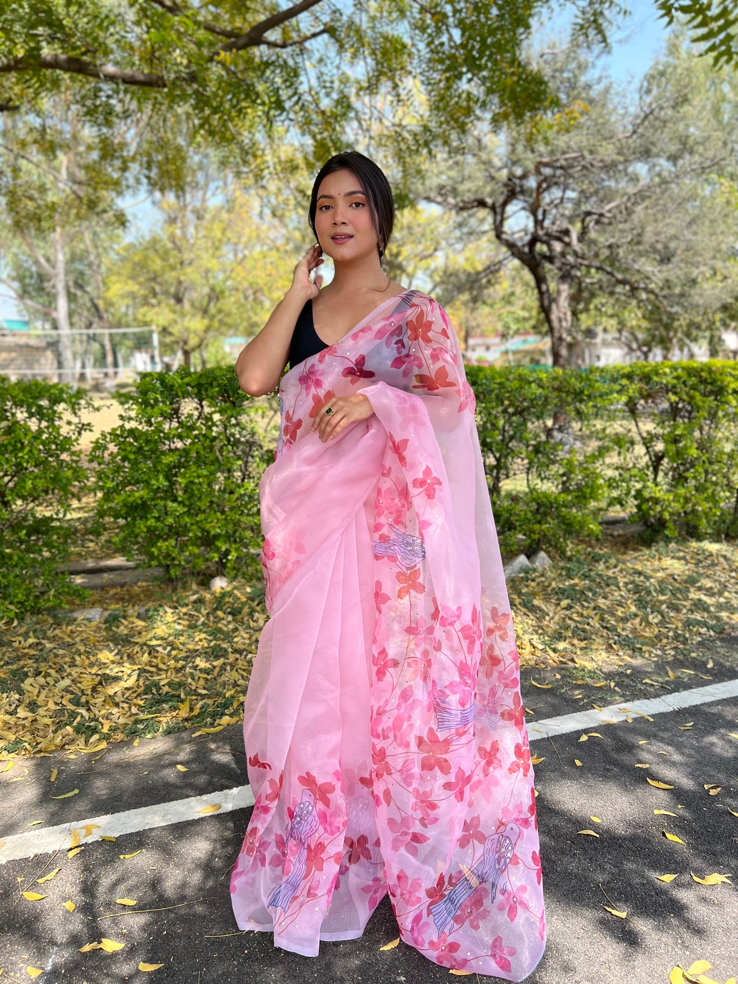 PINK ORGANZA SAREE WITH CUTWORK, SEQUINS & DIGITAL PRINT – PAIRED WITH BLACK SATIN BANGLORI BLOUSE