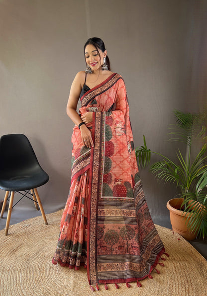 Peach Pure soft cotton tussar silk saree