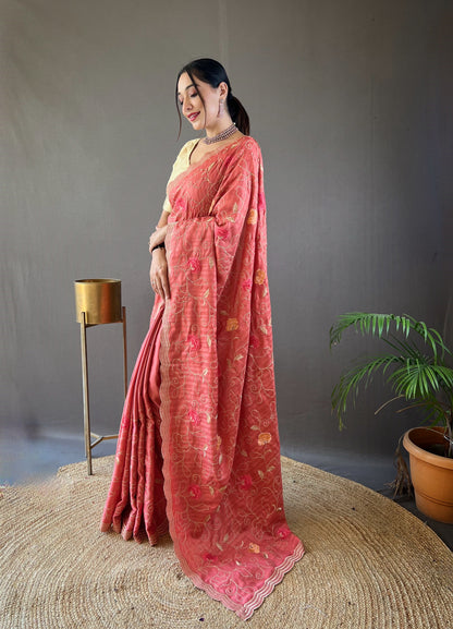 Pink Pure tussar silk sarees with embroidery jaal