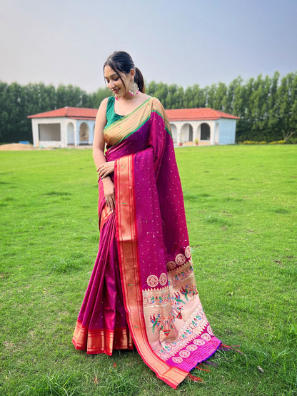 Pink New concept of ganga jamuna border in combination with paithani weaving sarees