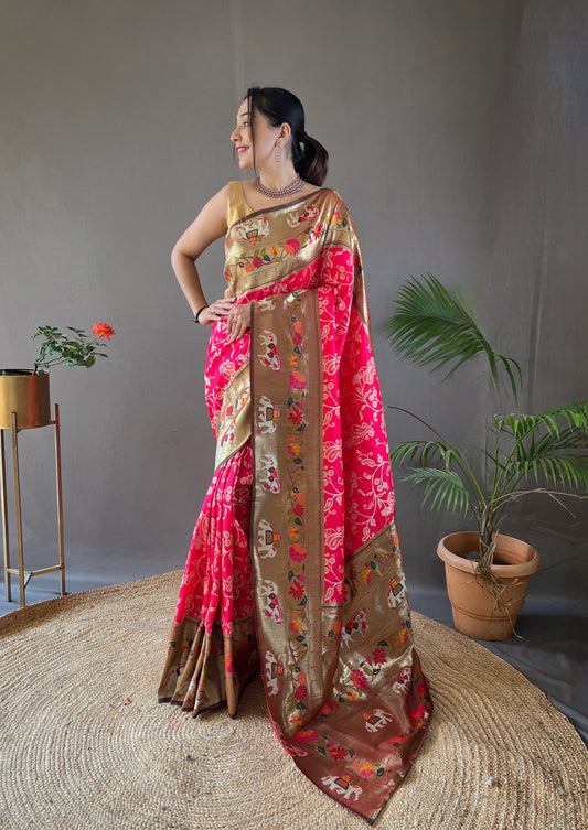 Pink Beautiful Lucknowi Concept weaving saree