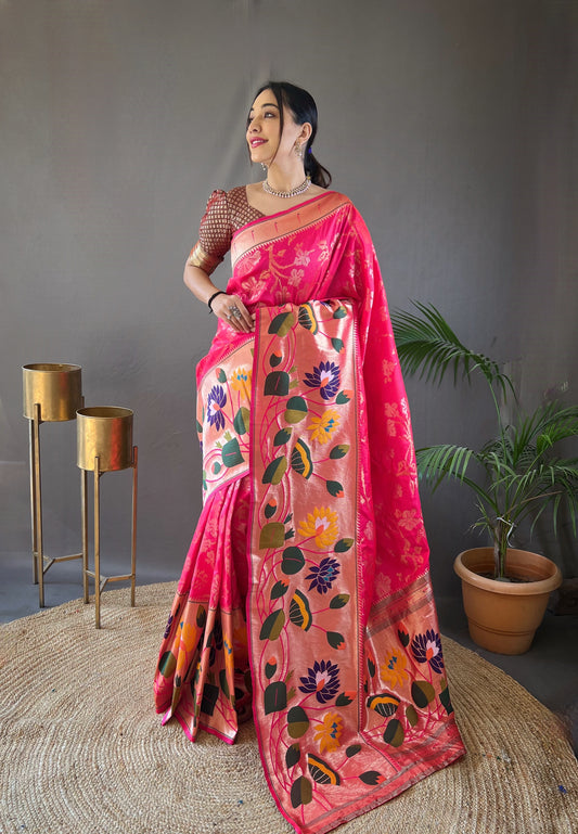 Pink Pure soft paithani silk saree