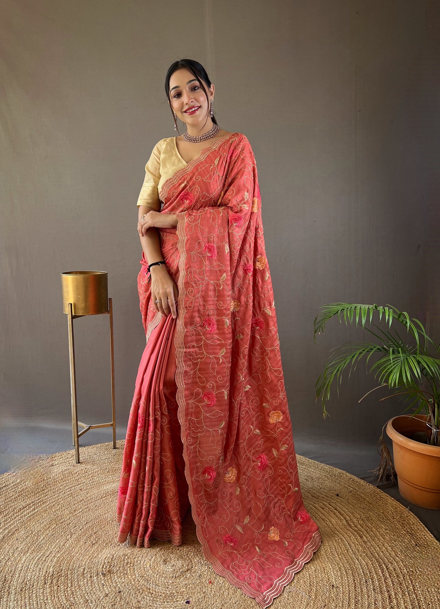 Pink Pure tussar silk sarees with embroidery jaal