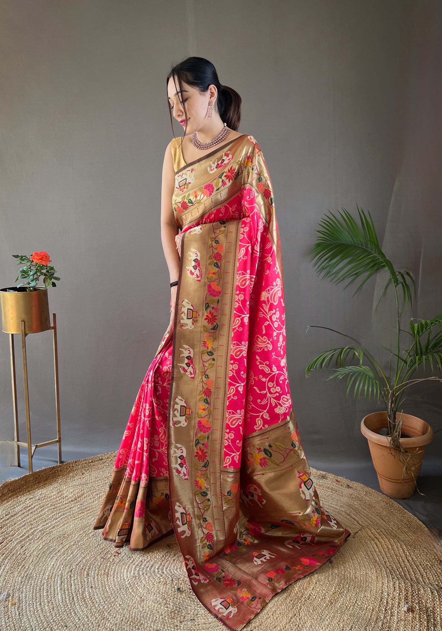 Pink Beautiful Lucknowi Concept weaving saree