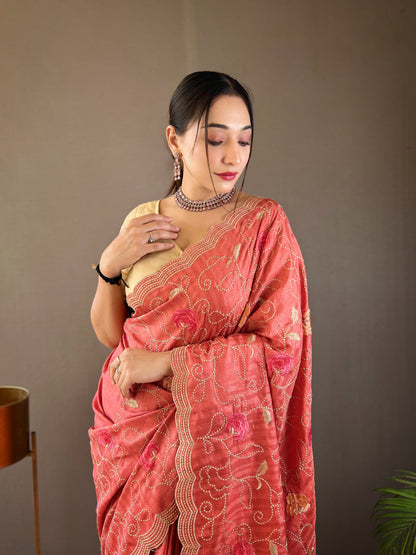 Pink Pure tussar silk sarees with embroidery jaal