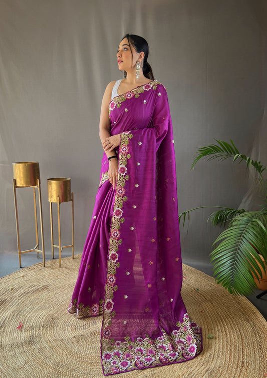 Purple Pure Tussar silk saree with all over beautiful contrast