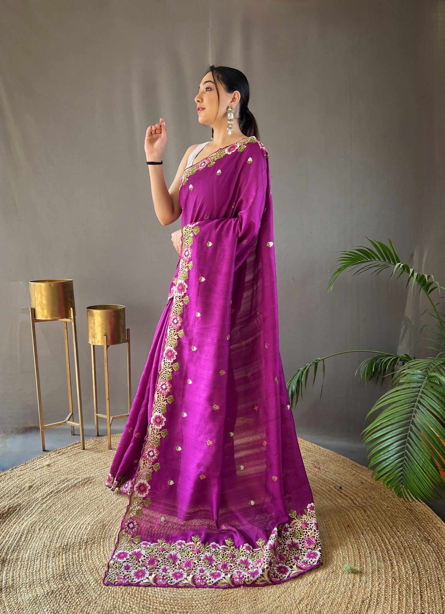 Purple Pure Tussar silk saree with all over beautiful contrast