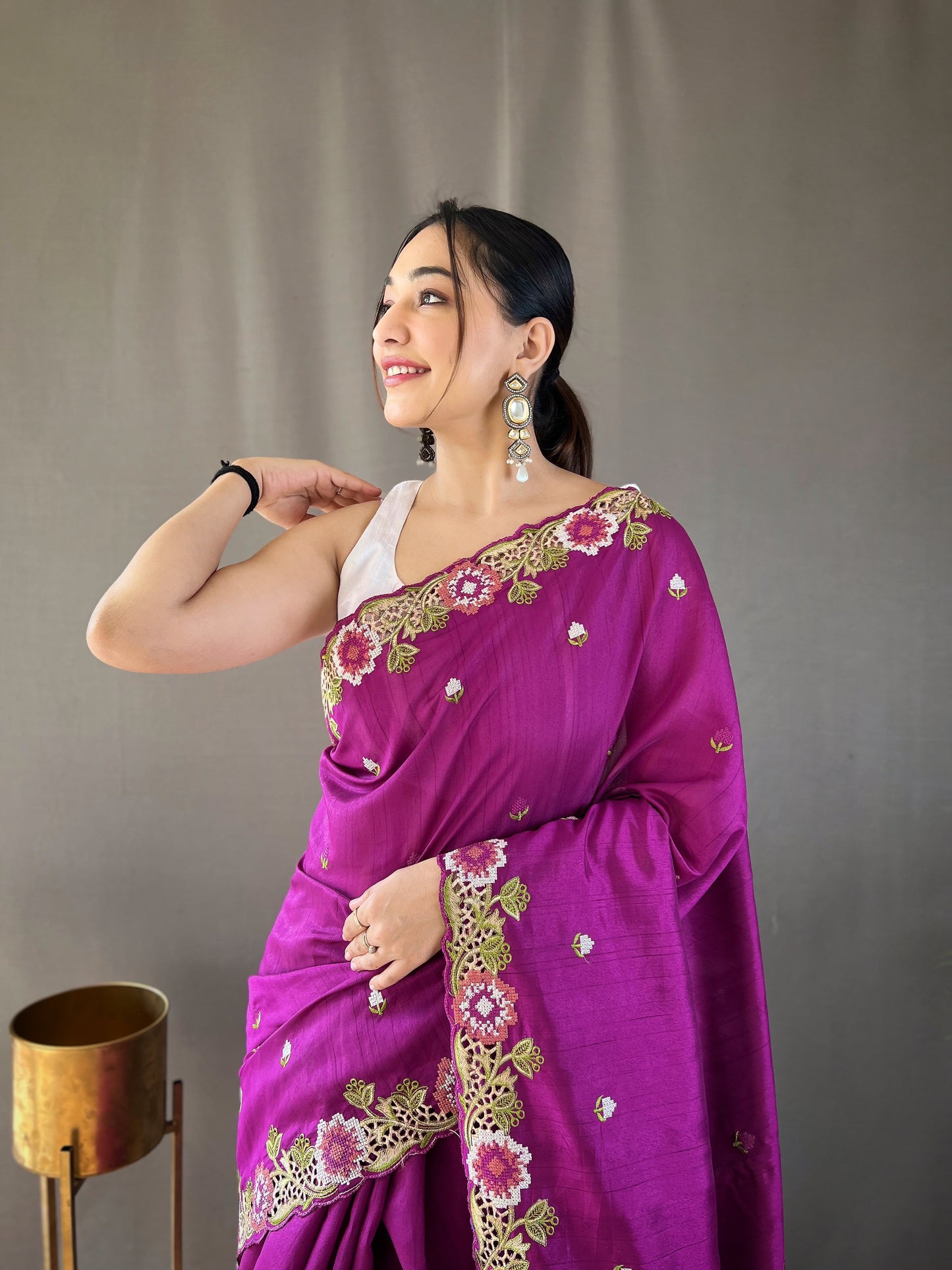 Purple Pure Tussar silk saree with all over beautiful contrast