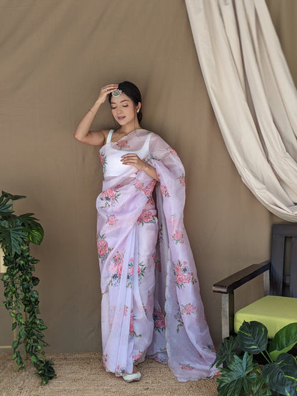 Pink Floral Print with Arko Border Saree