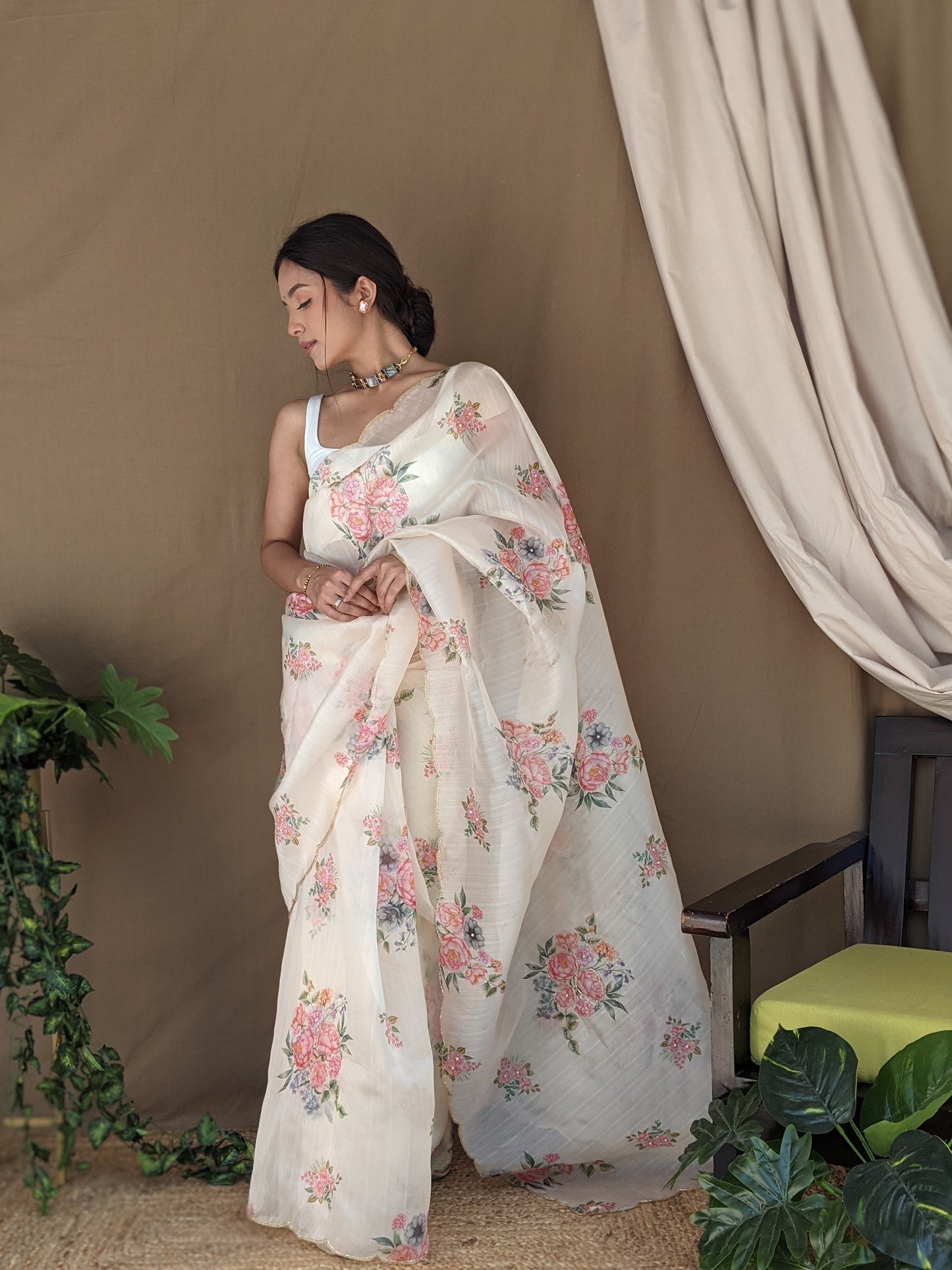 Cream Floral Print with Arko Border Saree