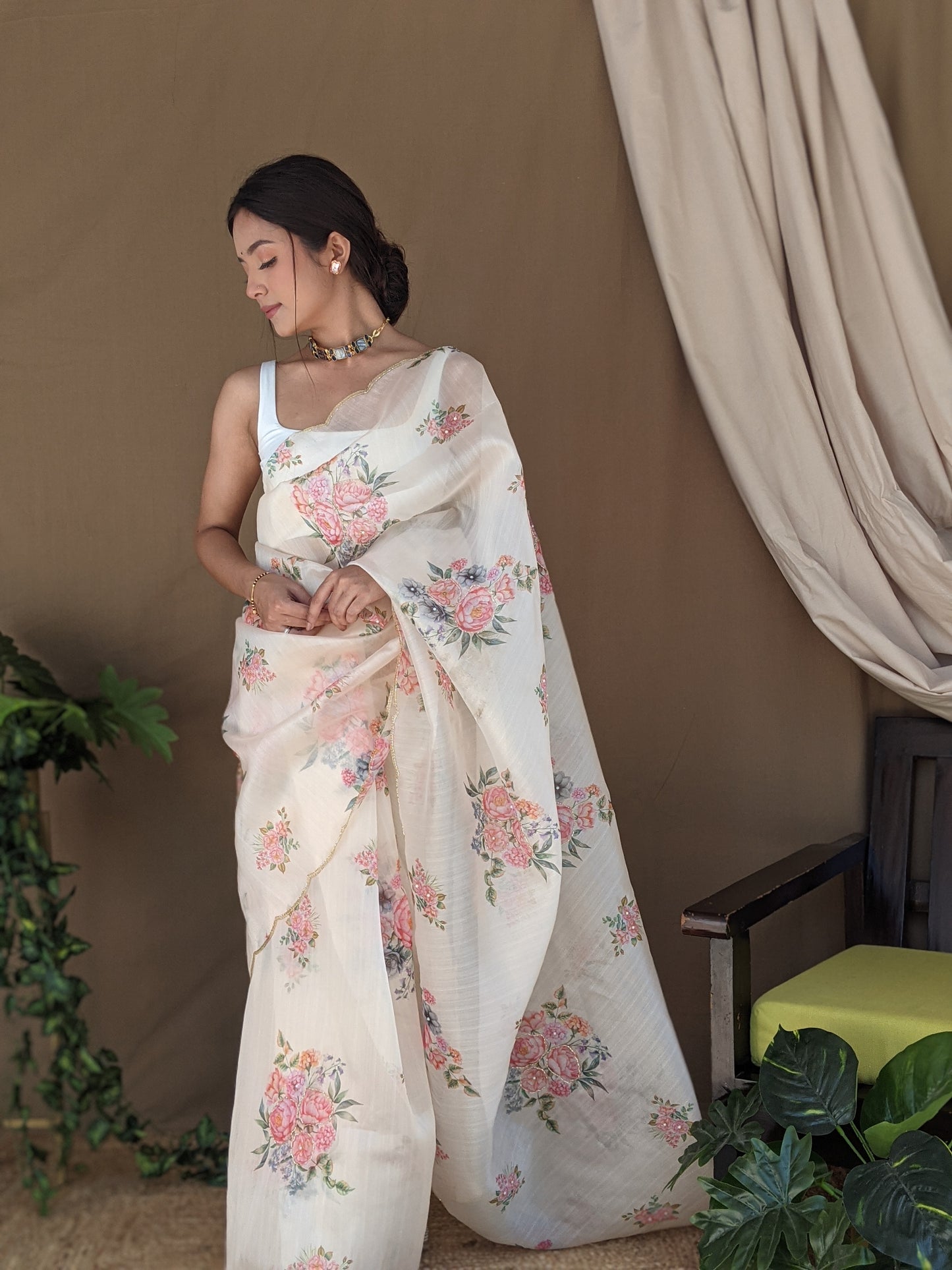 Cream Floral Print with Arko Border Saree