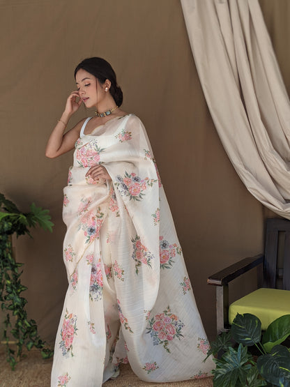 Cream Floral Print with Arko Border Saree