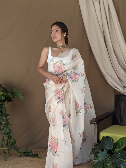 Cream Floral Print with Arko Border Saree