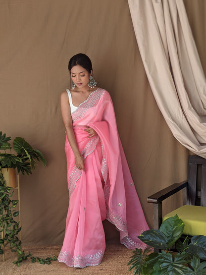 Pink PURE ORGANZA SILK SAREE