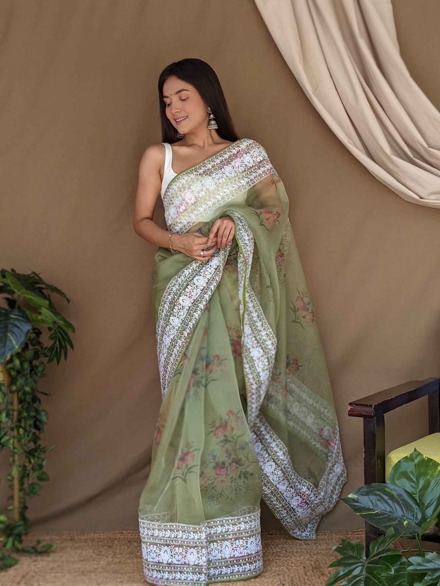 Green Flower Work Printed Saree with Embroidered Border