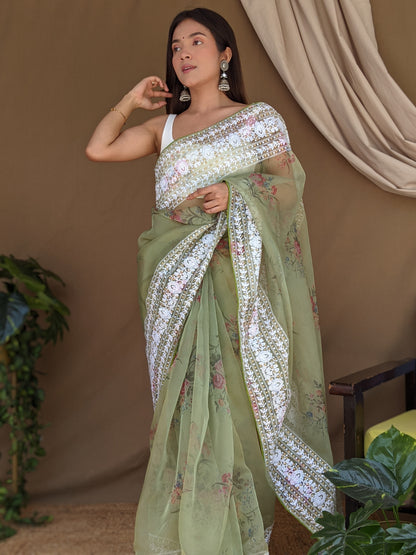 Green Flower Work Printed Saree with Embroidered Border