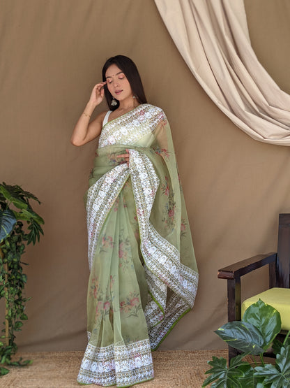 Green Flower Work Printed Saree with Embroidered Border