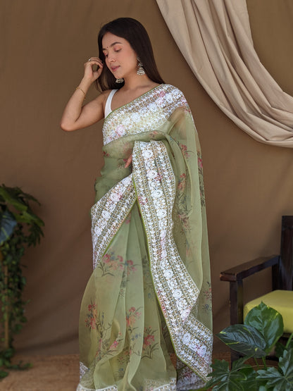 Green Flower Work Printed Saree with Embroidered Border