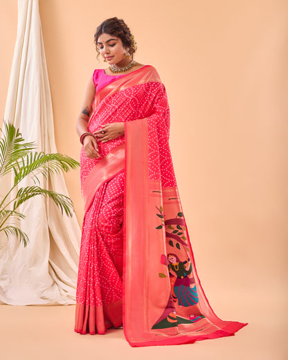 Pink  pure heavy bandhani weaving saree with paithani pallu.