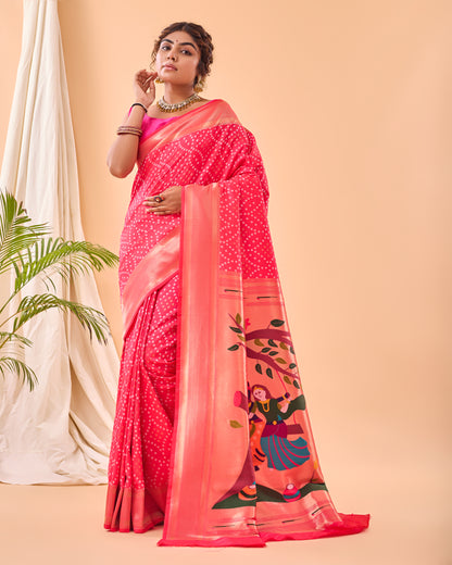 Pink  pure heavy bandhani weaving saree with paithani pallu.