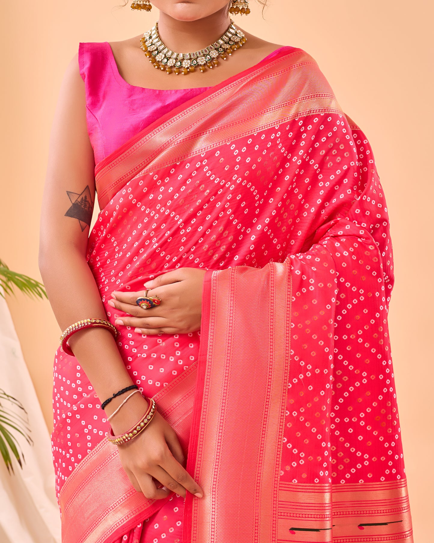 Pink  pure heavy bandhani weaving saree with paithani pallu.