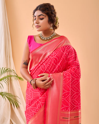 Pink  pure heavy bandhani weaving saree with paithani pallu.