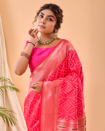 Pink  pure heavy bandhani weaving saree with paithani pallu.