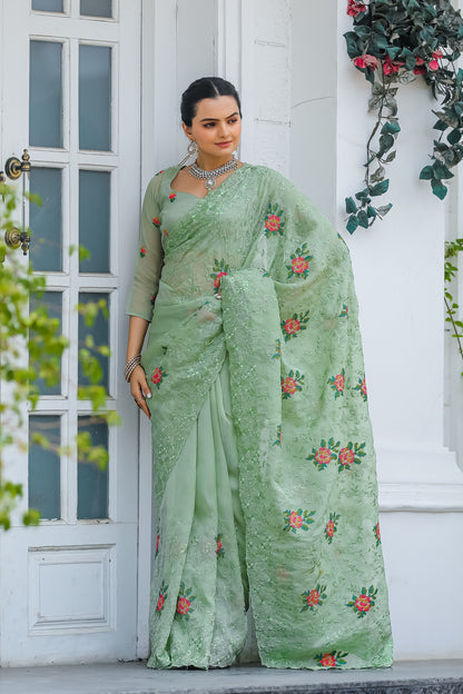 Pista Pure shiny zari chiffon saree