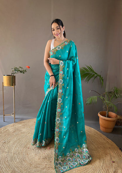 Rama Pure Tussar silk saree with all over beautiful contrast