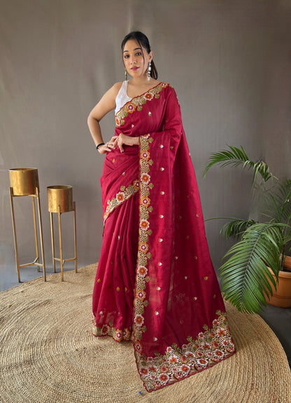 Red Pure Tussar silk saree with all over beautiful contrast