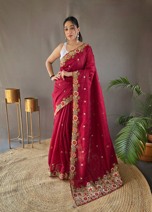 Red Pure Tussar silk saree with all over beautiful contrast