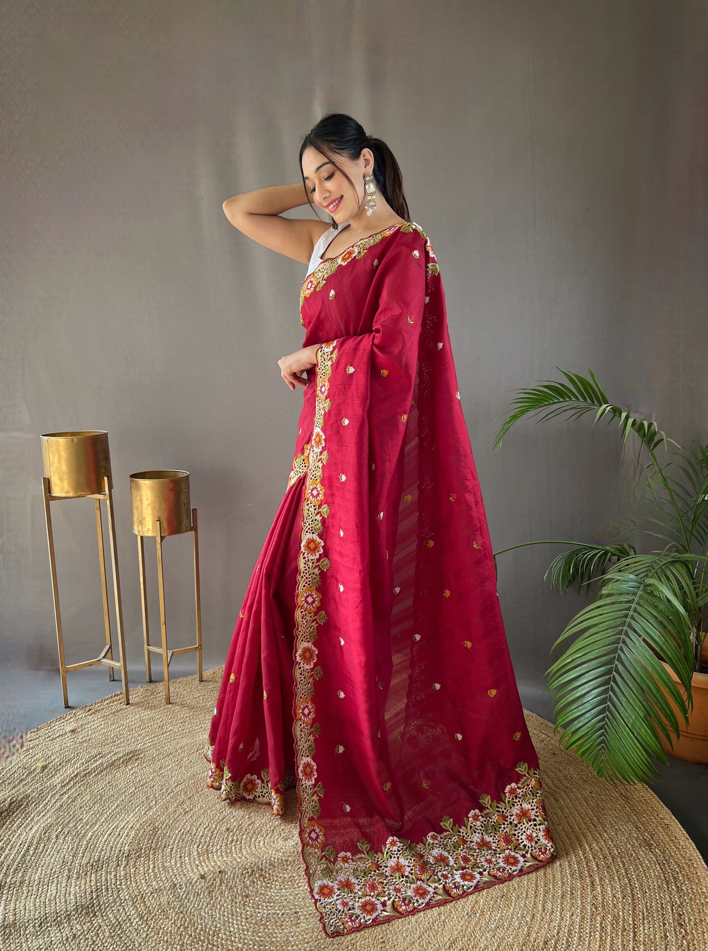 Red Pure Tussar silk saree with all over beautiful contrast