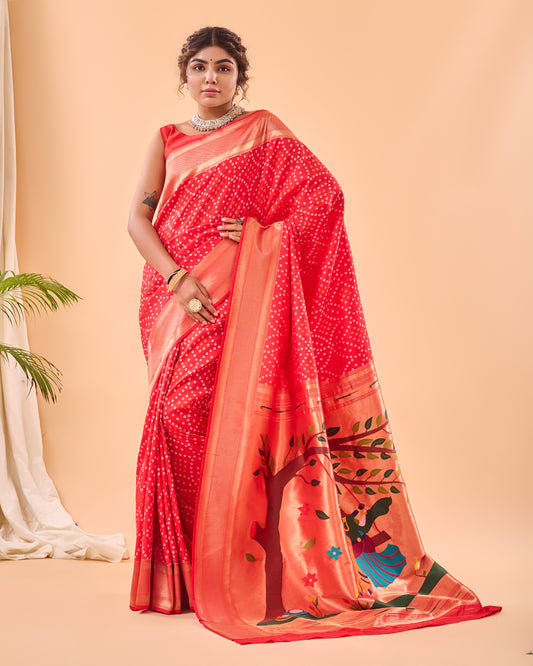 Red pure heavy bandhani weaving saree with paithani pallu.