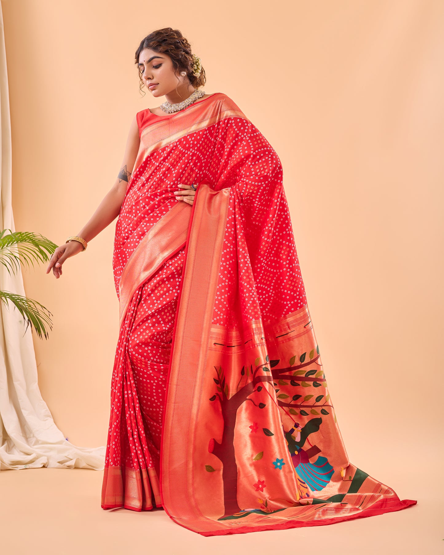 Red pure heavy bandhani weaving saree with paithani pallu.