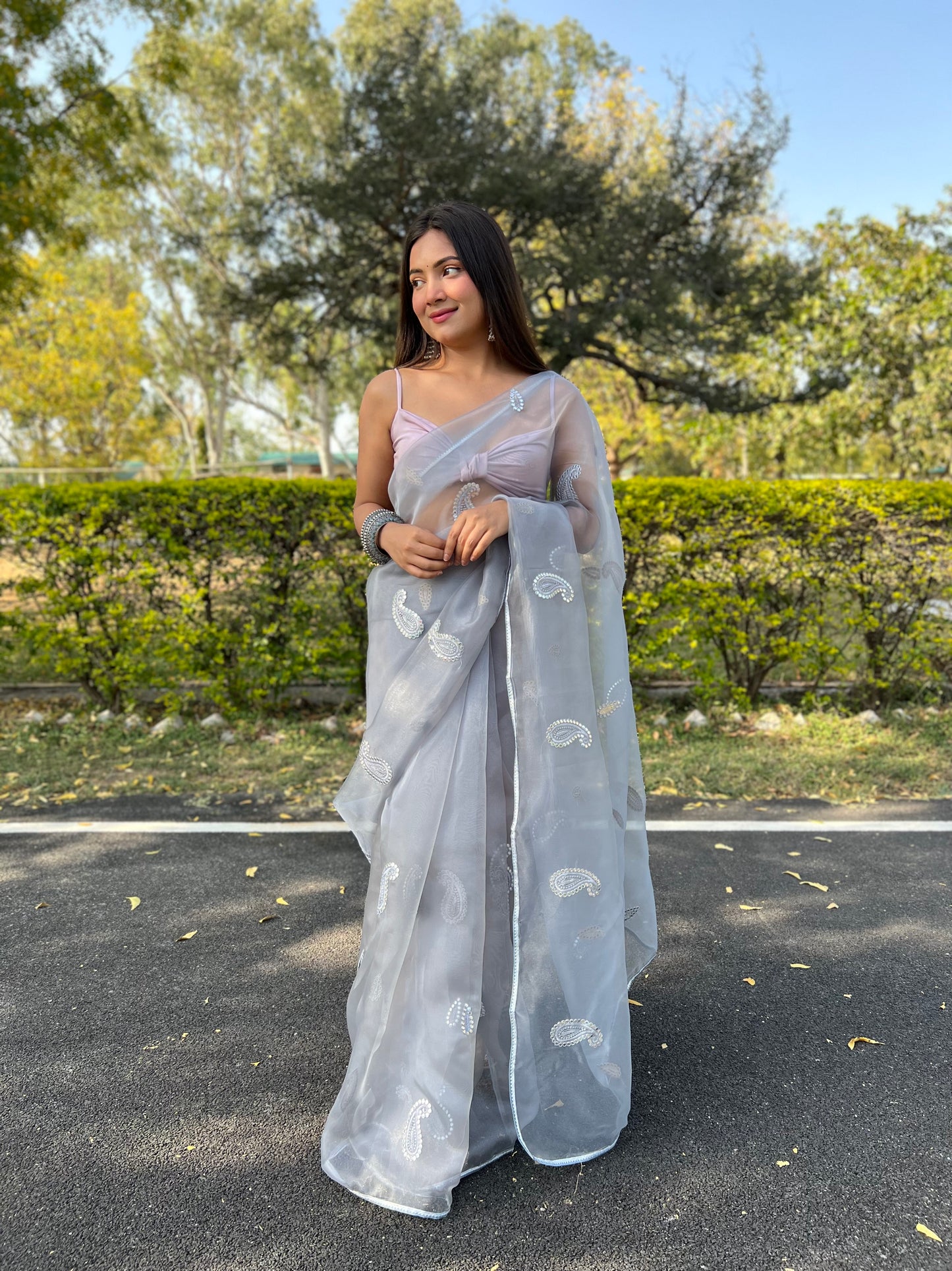 Grey Beautiful Organza silk Sarees