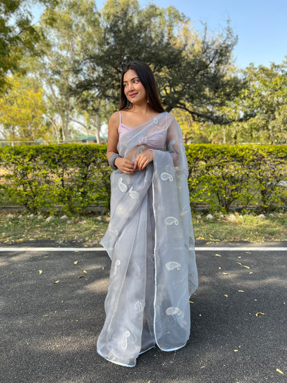 Grey Beautiful Organza silk Sarees