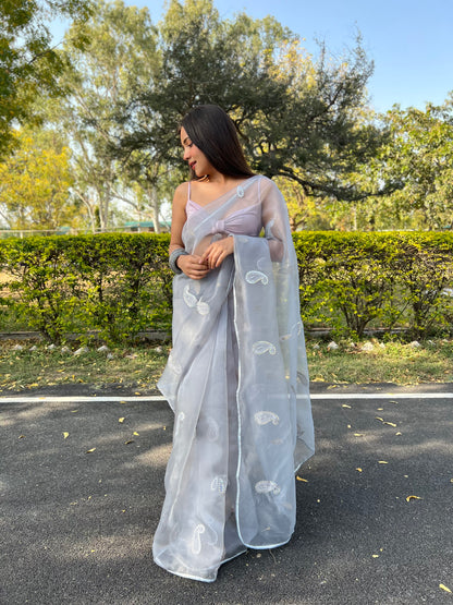 Grey Beautiful Organza silk Sarees