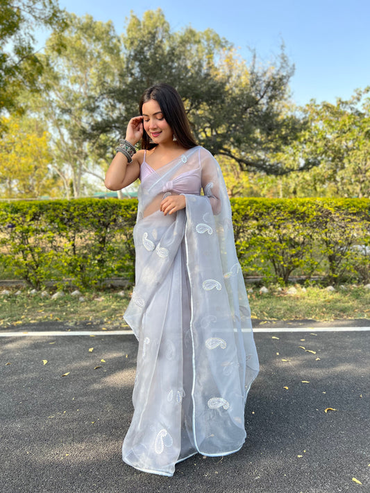 Grey Beautiful Organza silk Sarees