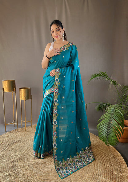 Sky Pure Tussar silk saree with all over beautiful contrast