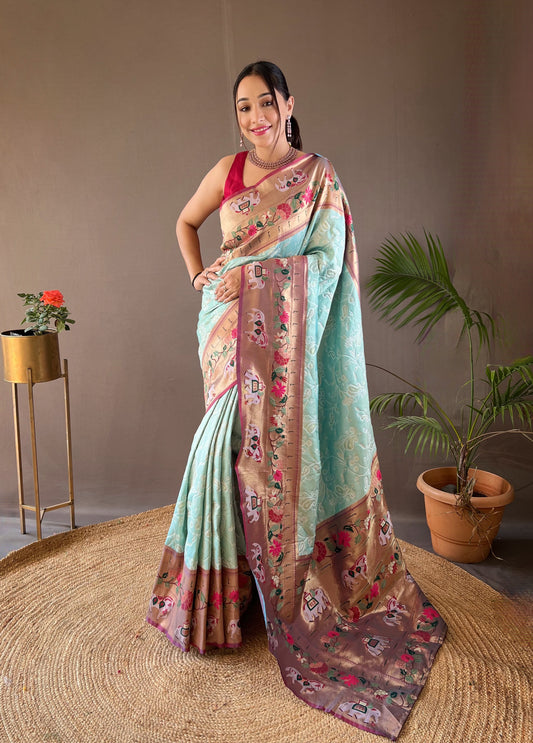 Sky Beautiful Lucknowi Concept weaving saree