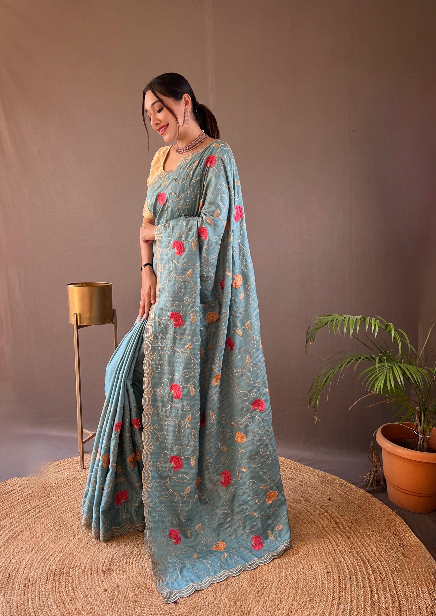 Sky Pure tussar silk sarees with embroidery jaal